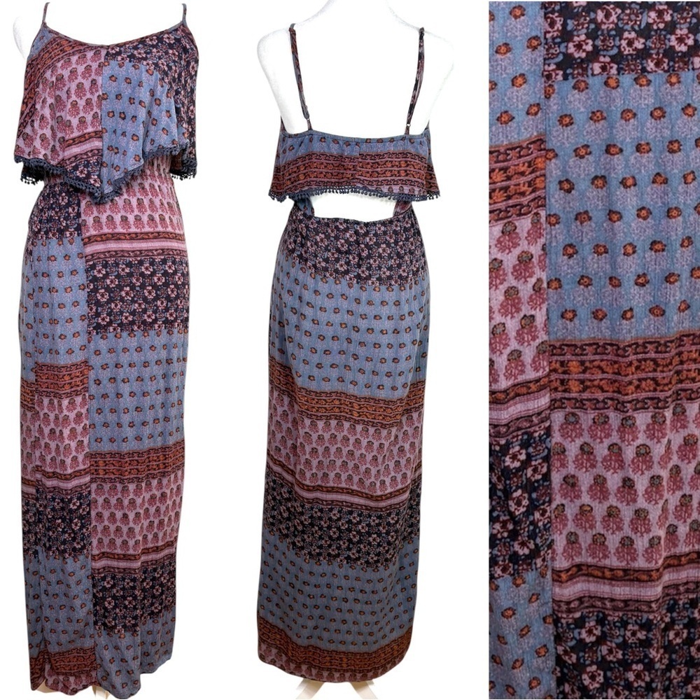 American Eagle Boho Indian Floral Print Ruffle Sleeveless Maxi Dress S